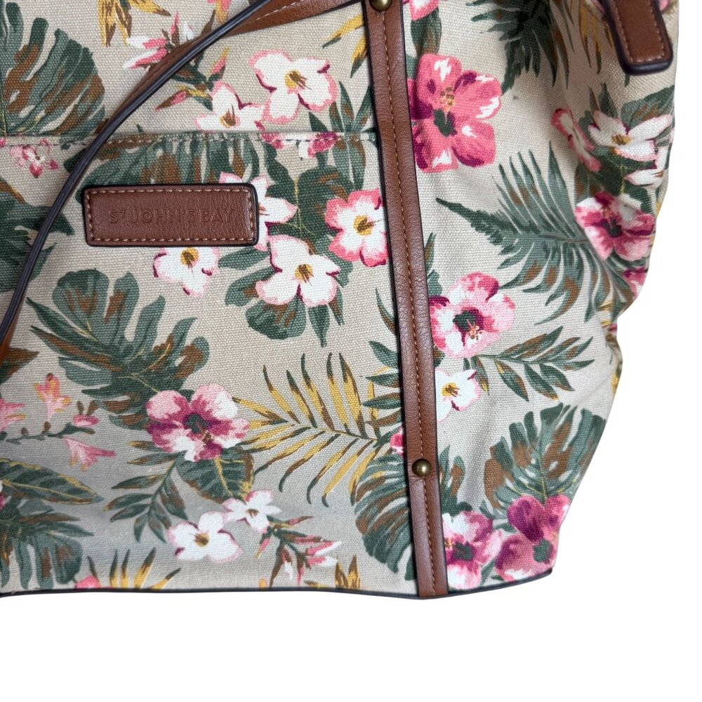 St. Johns Bay Floral Canvas Tote Bag Brown Faux Leather Straps Tropical Design - Picture 2 of 8
